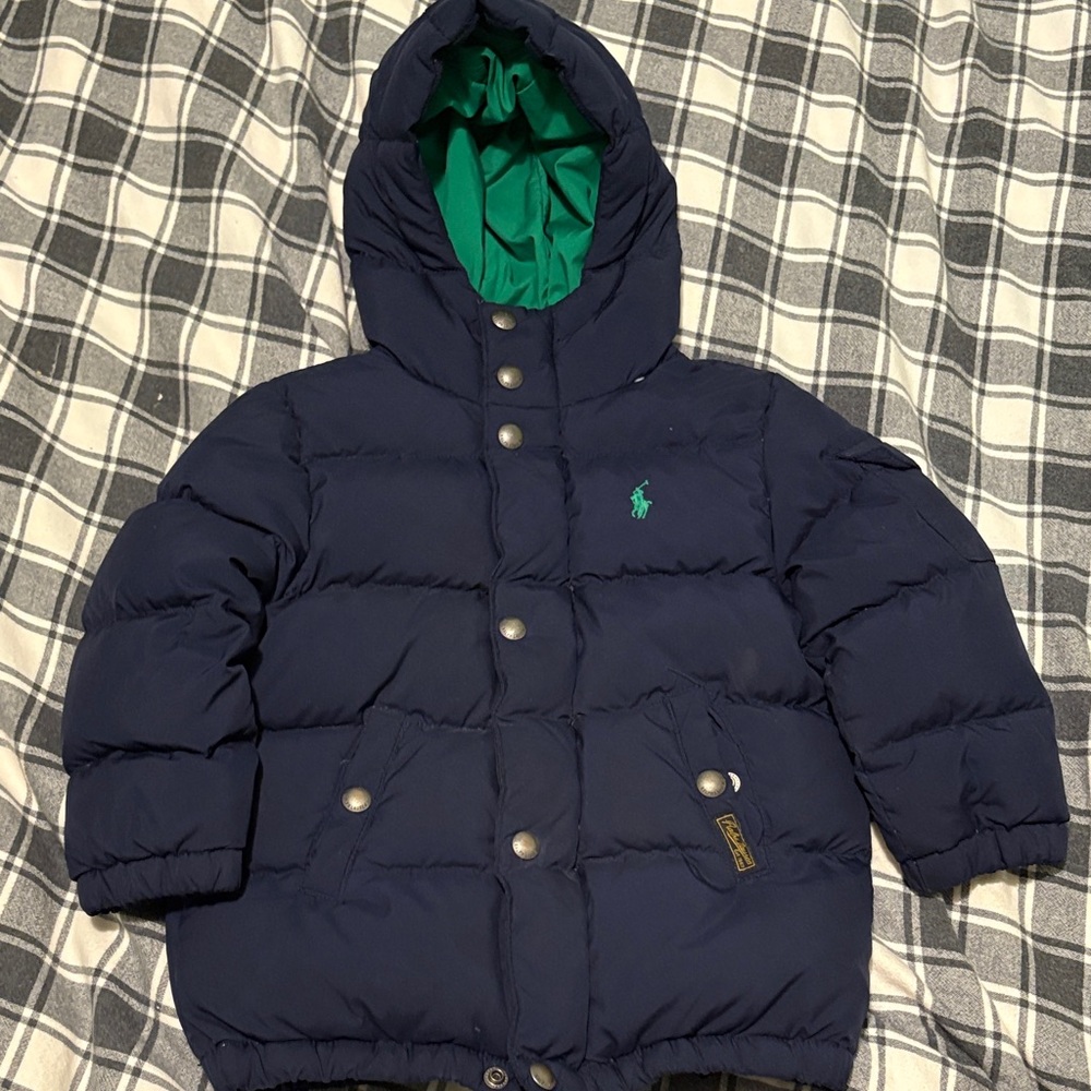 Navy Hooded Puffer Jacket with Green Lining Ralph Lauren Polo